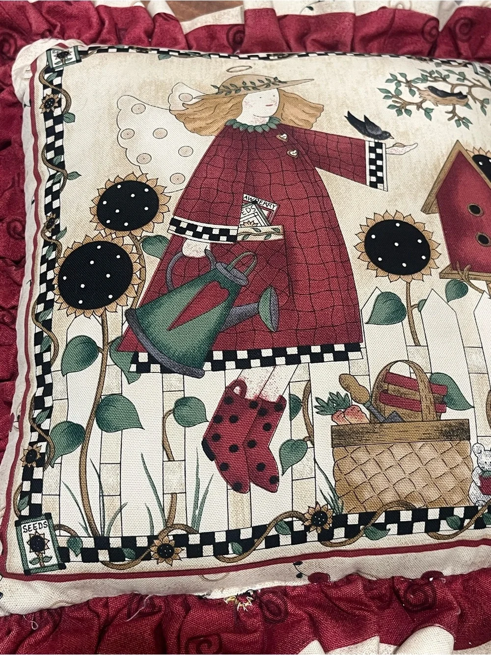 Sunflower Angel Debbie Mumm Accent Pillow Folk Art Cottagecore Garden 14X14”